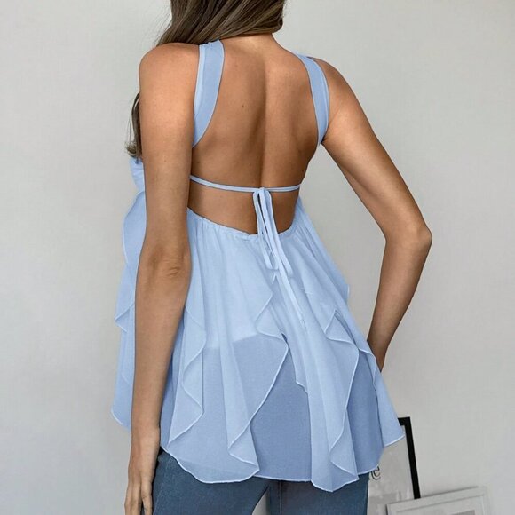 Blue Casual Women's Elegant flowy strapless Blouse - Picture 2 of 6